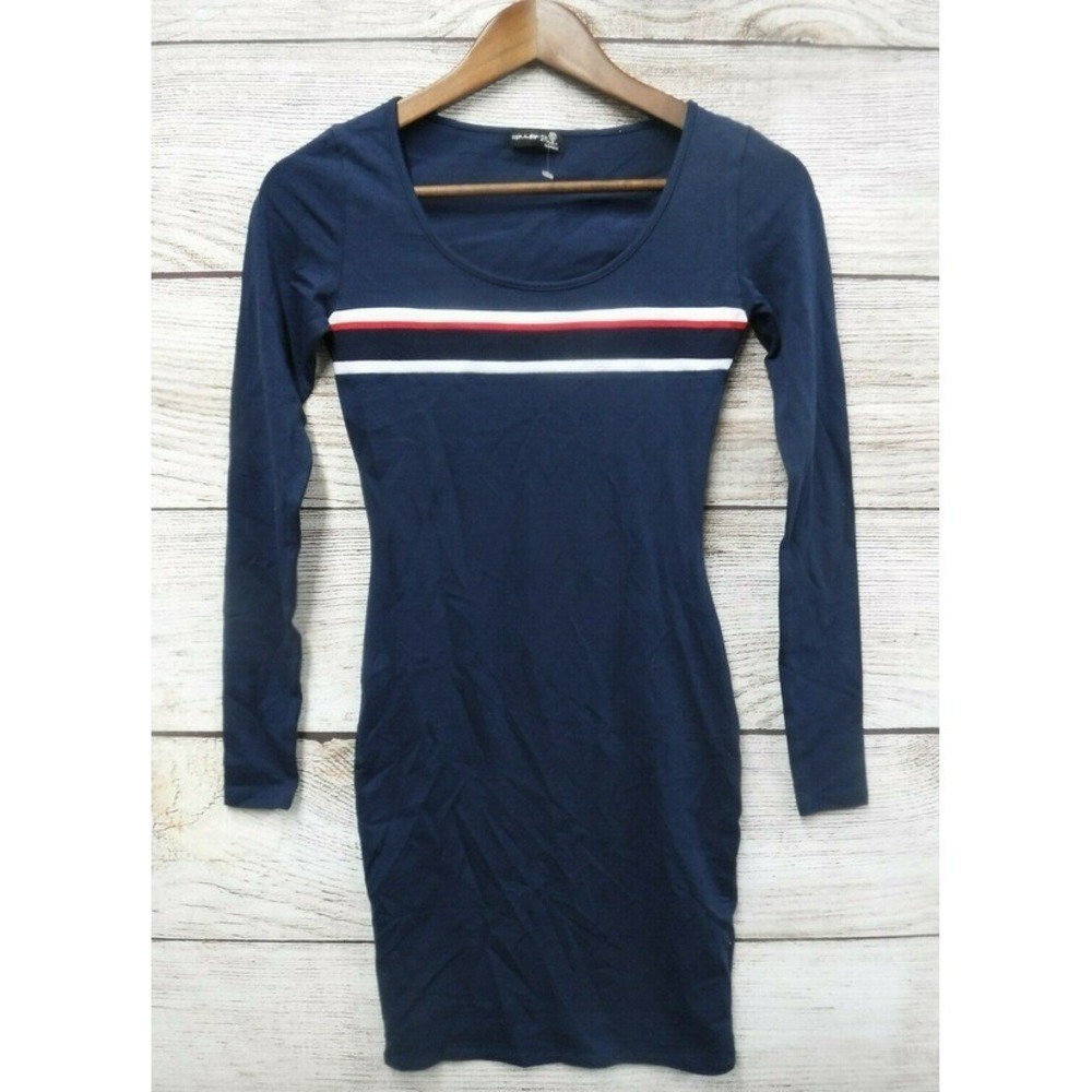 Popular 21 Dress JR Womens Size Small Blue Thin Knit Striped Bodycon Dress New
